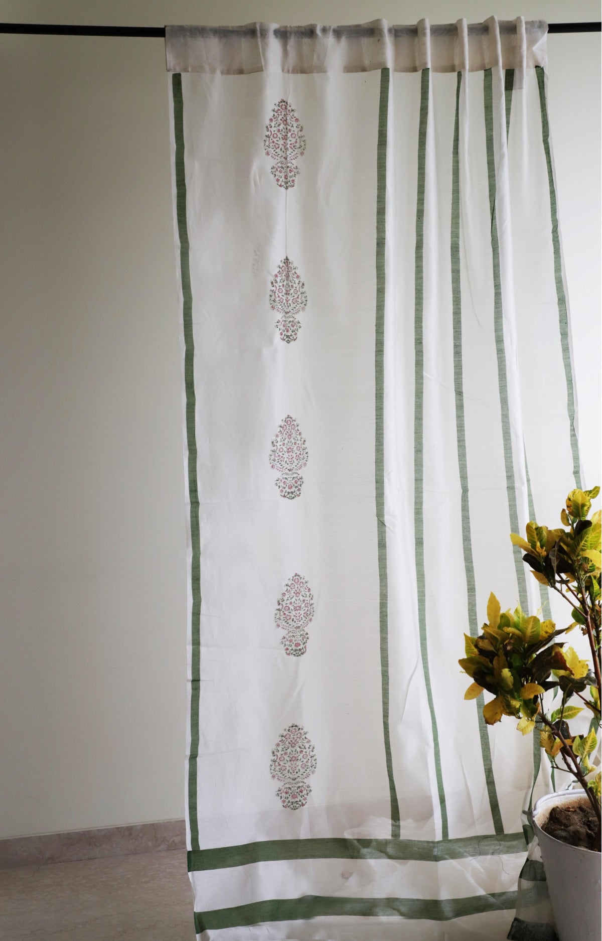 Wazir Petal Green and Blue Paisely Chanderi Curtains (Set of 2)
