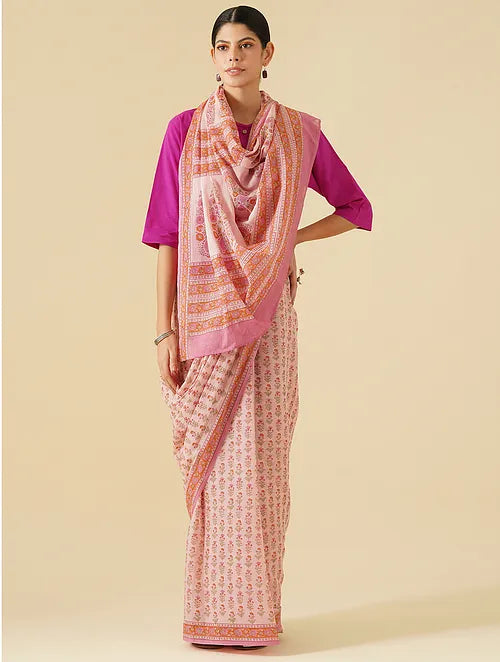 Pink Mini Handblock Printed Cotton Saree