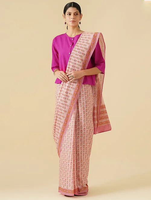 Pink Mini Handblock Printed Cotton Saree