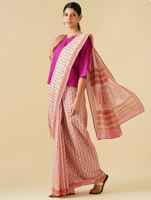 Pink Mini Handblock Printed Cotton Saree