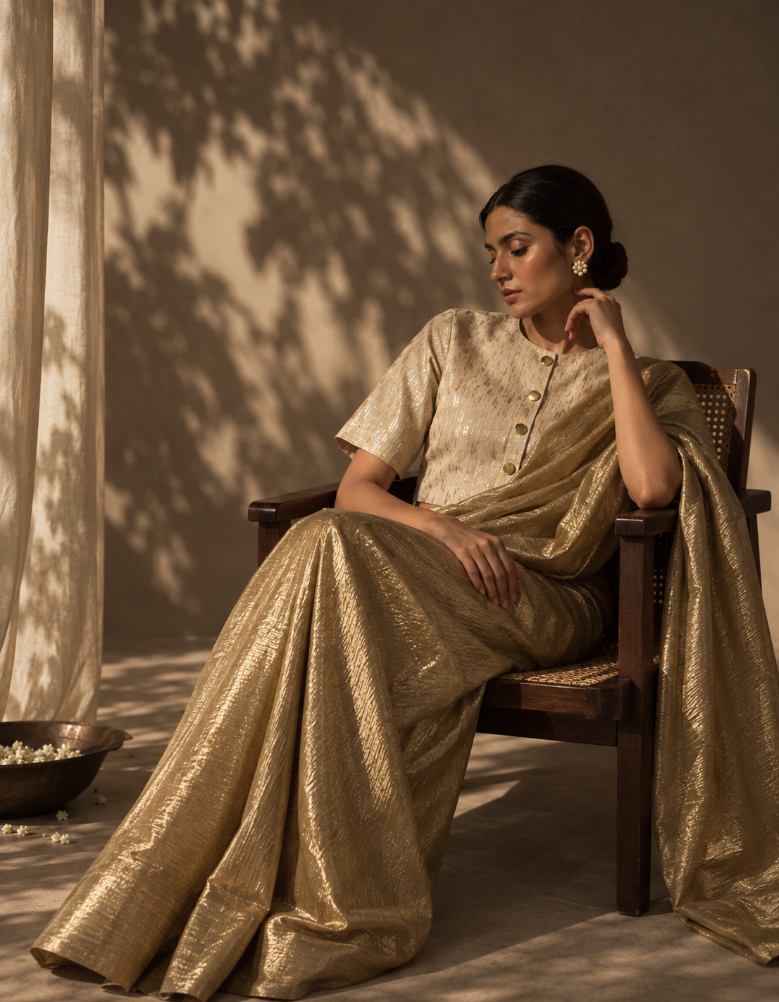 Offwhite & Gold Zari Woven Blouse With Lining