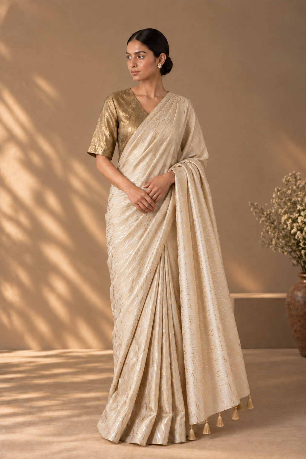 Ivory and Gold Zari Sari with Golden V Neck Blouse with Lining (Set of 2)