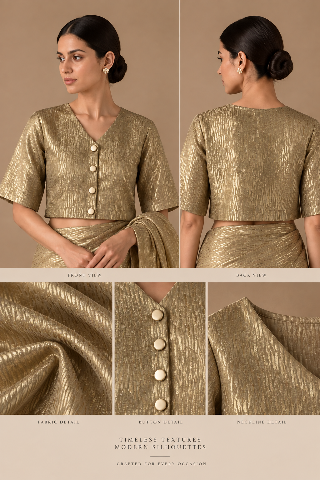 Gold Zari Sari with V Neck Blouse with Lining (Set of 2)