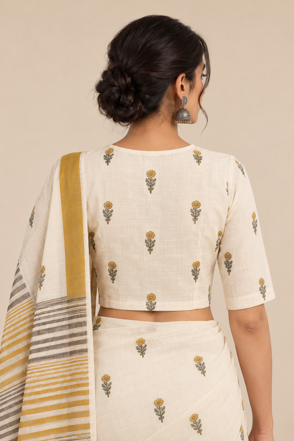 Buta Cotton Mustard Saree with Blouse (Set of 2)