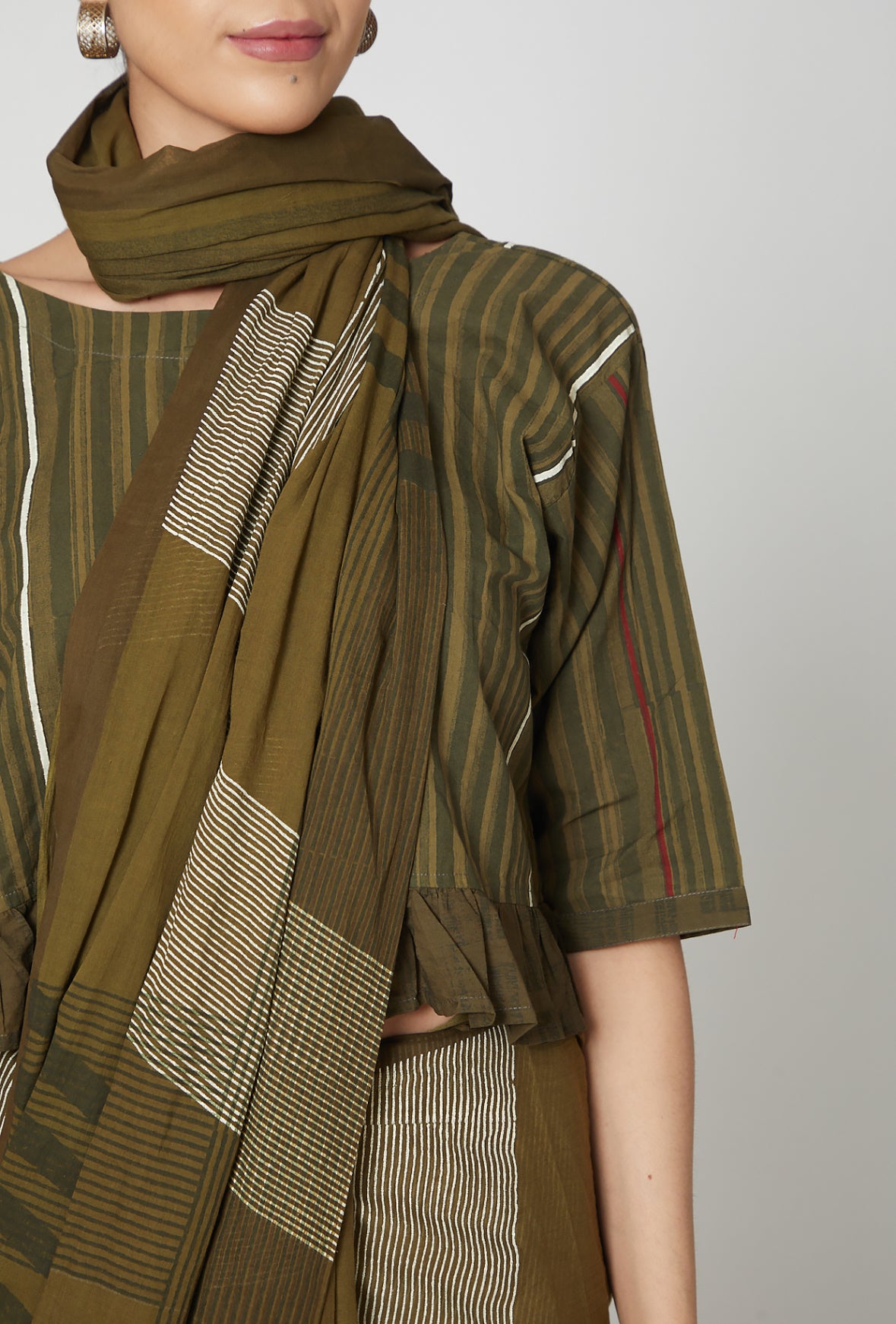 Olive Green Striped Cotton Blouse