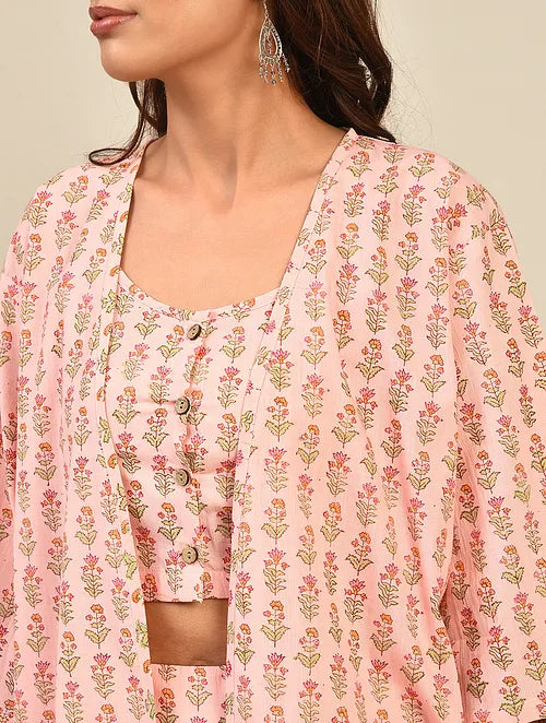 Light Pink Hand-block Printed Cotton Lehenga with Blouse and Dupatta/Cape (set of 3)