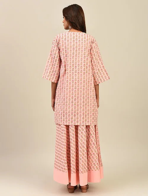 Light Pink Hand-block Printed Cotton Lehenga with Blouse and Dupatta/Cape (set of 3)