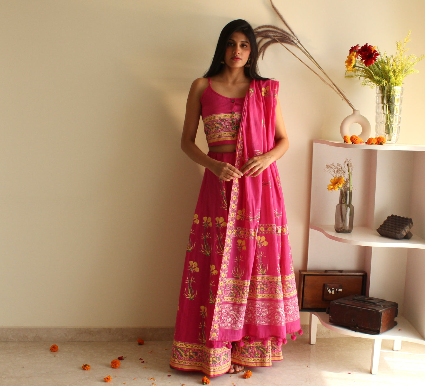 Pink hand-block Printed Cotton Lehenga with Blouse and Dupatta/Cape (set of 3)