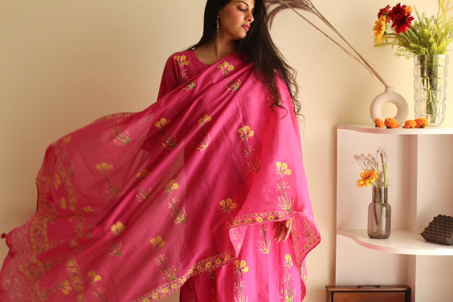 Pink hand-block Printed Cotton Lehenga with Blouse and Dupatta/Cape (set of 3)