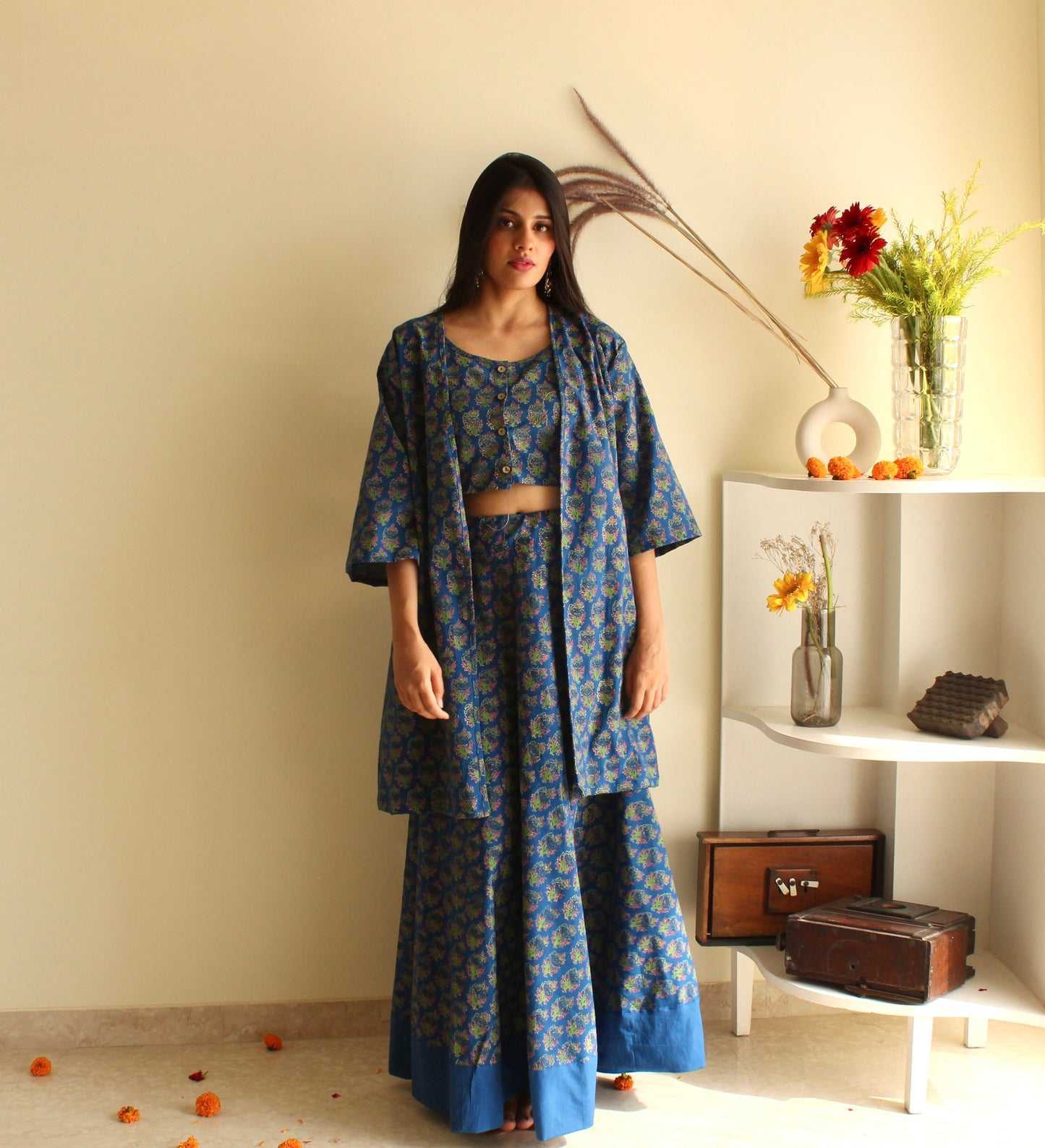Blue Hand-block Printed Cotton Lehenga with Blouse and Dupatta/Cape (set of 3)