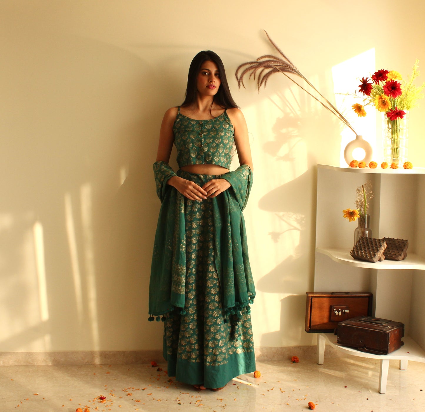 Green Hand-block Printed Cotton Lehenga with Blouse and Dupatta/Cape (set of 3)