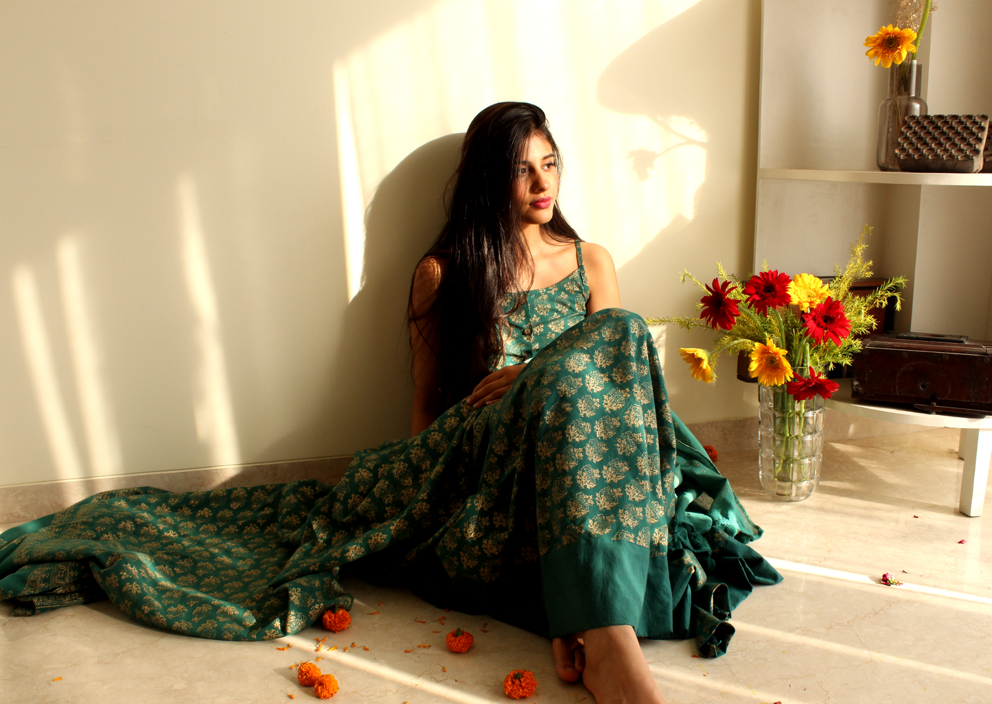 Green Hand-block Printed Cotton Lehenga with Blouse and Dupatta/Cape (set of 3)