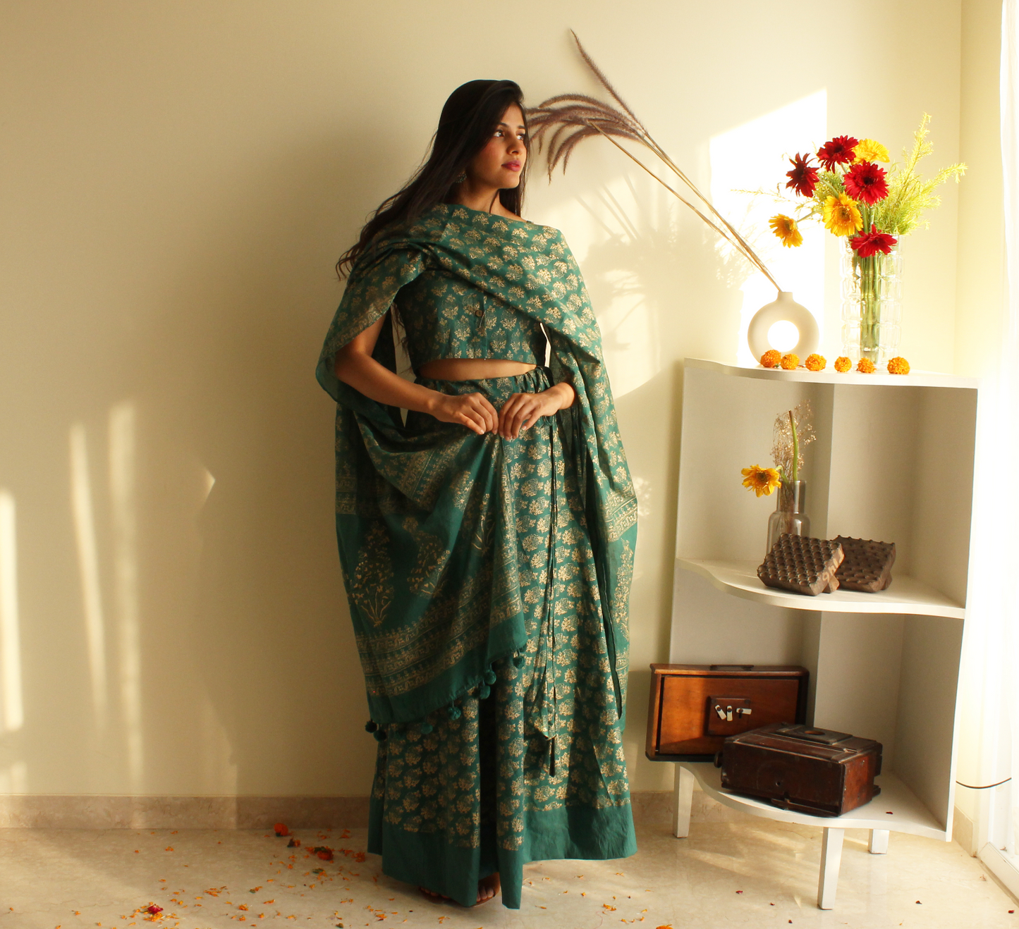 Green Hand-block Printed Cotton Lehenga with Blouse and Dupatta/Cape (set of 3)