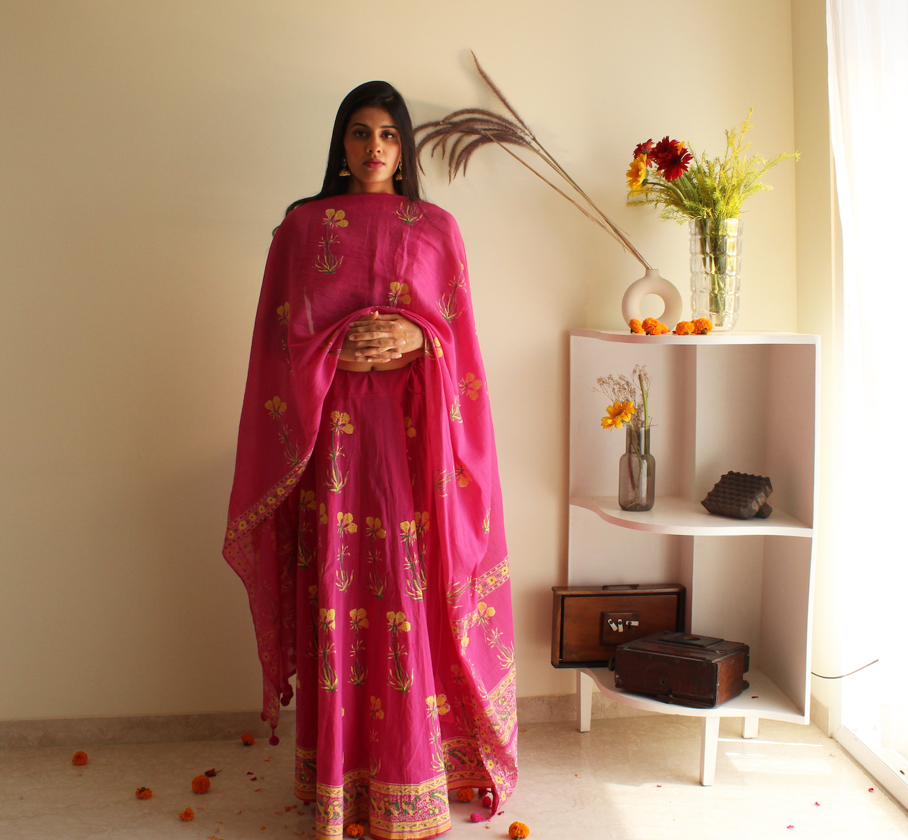 Pink hand-block Printed Cotton Lehenga with Blouse and Dupatta/Cape (set of 3)