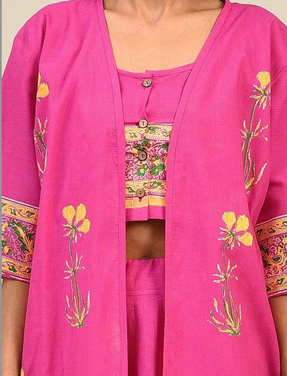 Pink hand-block Printed Cotton Lehenga with Blouse and Dupatta/Cape (set of 3)