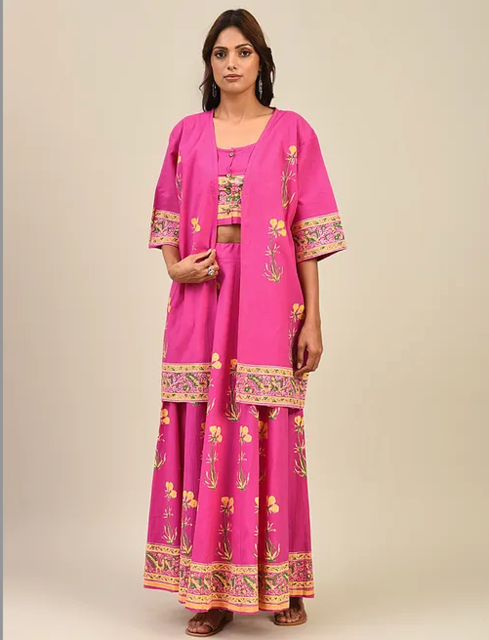 Pink hand-block Printed Cotton Lehenga with Blouse and Dupatta/Cape (set of 3)
