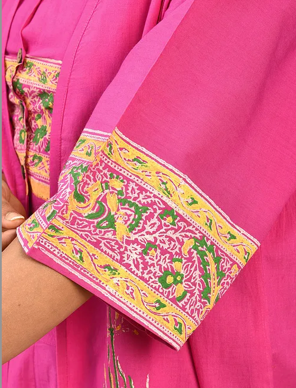 Pink hand-block Printed Cotton Lehenga with Blouse and Dupatta/Cape (set of 3)