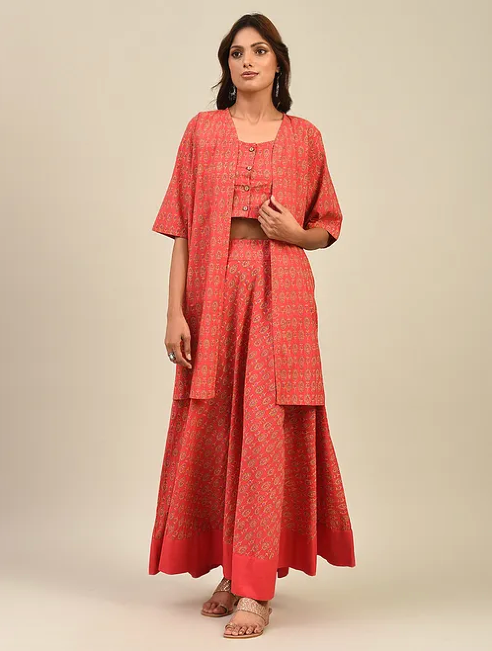 Red Hand-block Printed Cotton Lehenga with Blouse and Dupatta/Cape (set of 3)