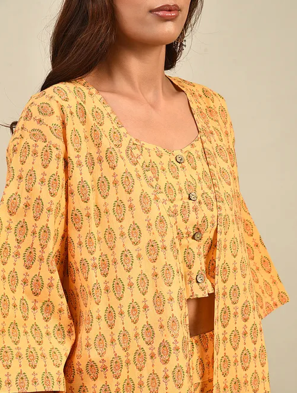 Yellow of Blue Hand-block Printed Cotton Lehenga with Blouse and Dupatta/Cape (set of 3)