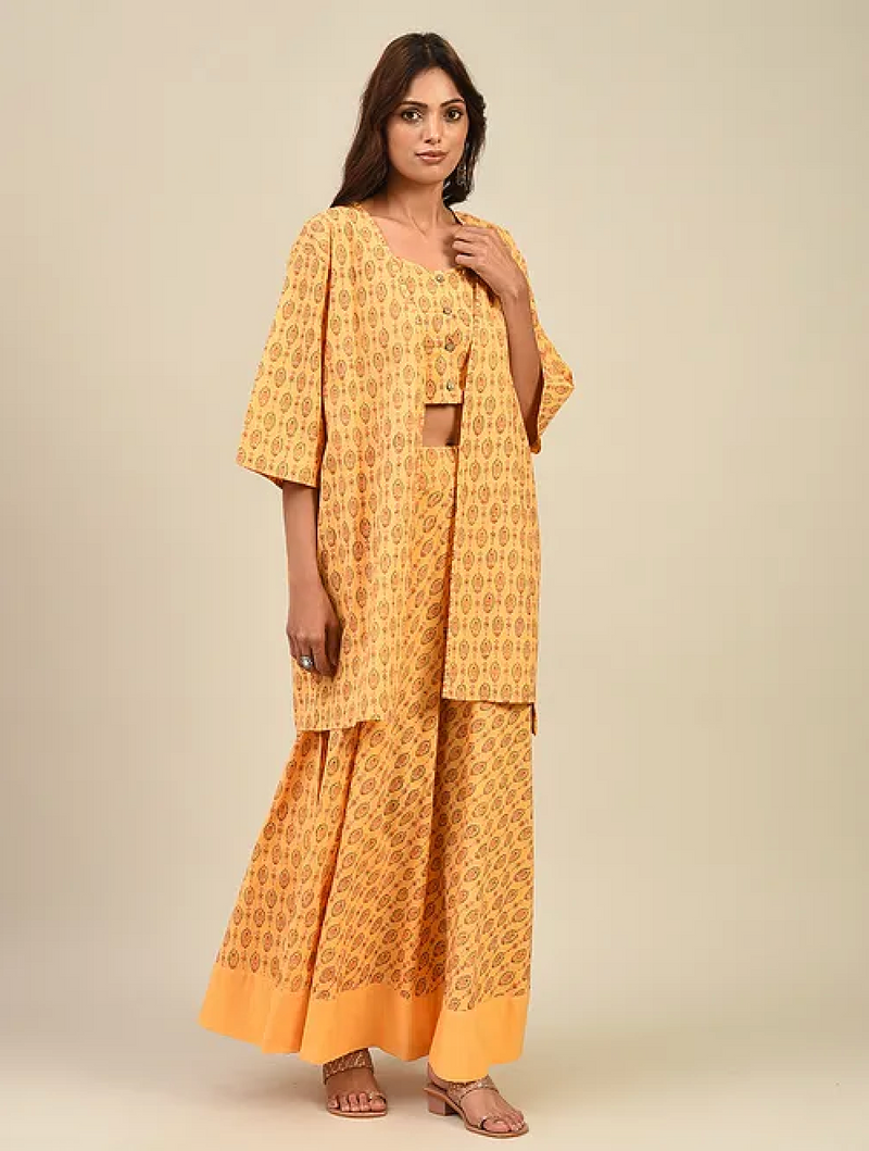 Yellow of Blue Hand-block Printed Cotton Lehenga with Blouse and Dupatta/Cape (set of 3)