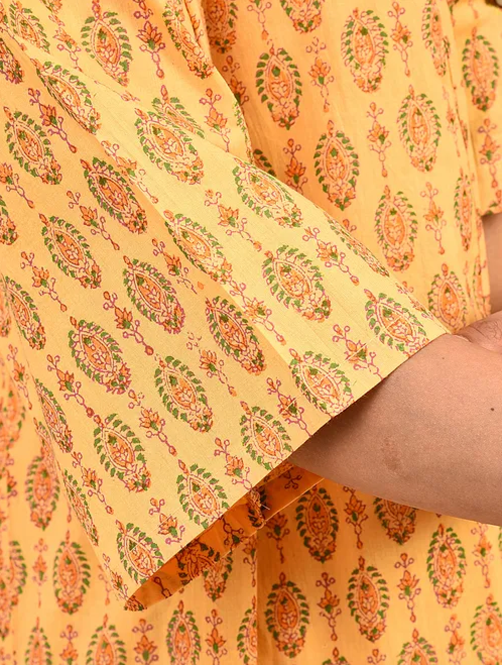 Yellow of Blue Hand-block Printed Cotton Lehenga with Blouse and Dupatta/Cape (set of 3)