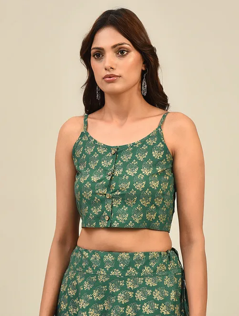 Green Hand-block Printed Cotton Lehenga with Blouse and Dupatta/Cape (set of 3)