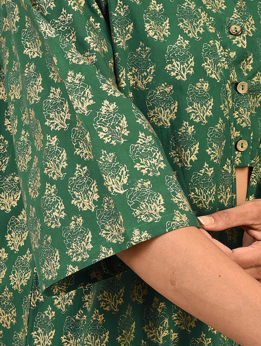 Green Hand-block Printed Cotton Lehenga with Blouse and Dupatta/Cape (set of 3)