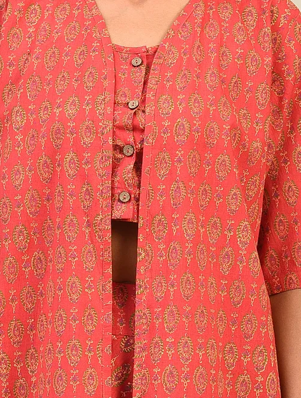 Red Hand-block Printed Cotton Lehenga with Blouse and Dupatta/Cape (set of 3)