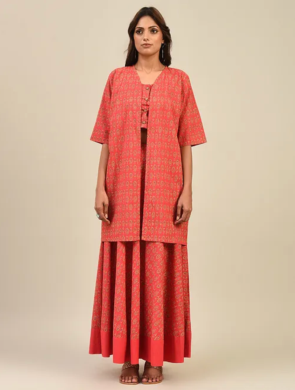 Red Hand-block Printed Cotton Lehenga with Blouse and Dupatta/Cape (set of 3)
