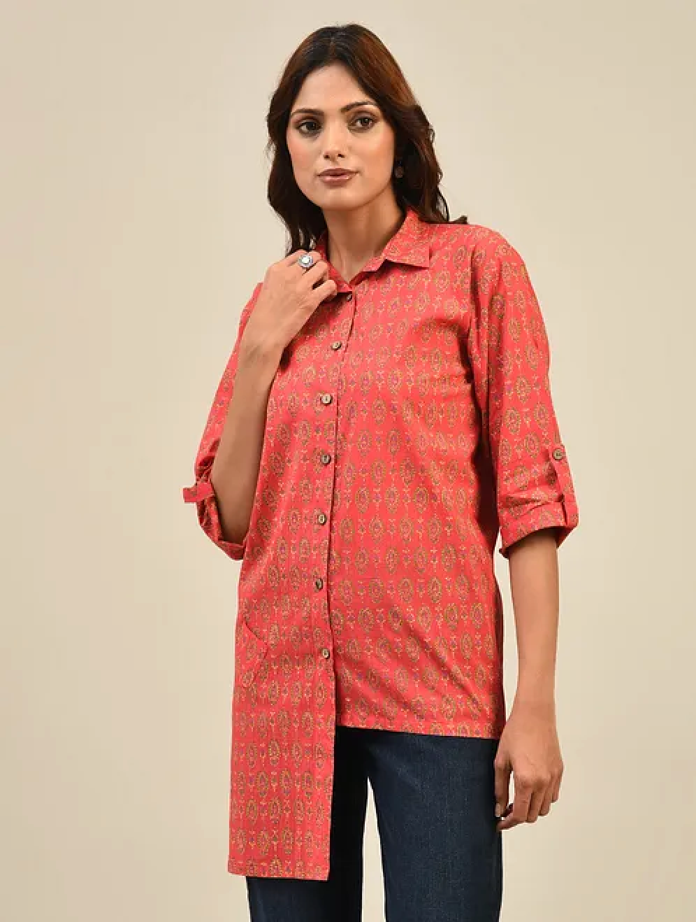 Red Hand block Printed Cotton Shirt