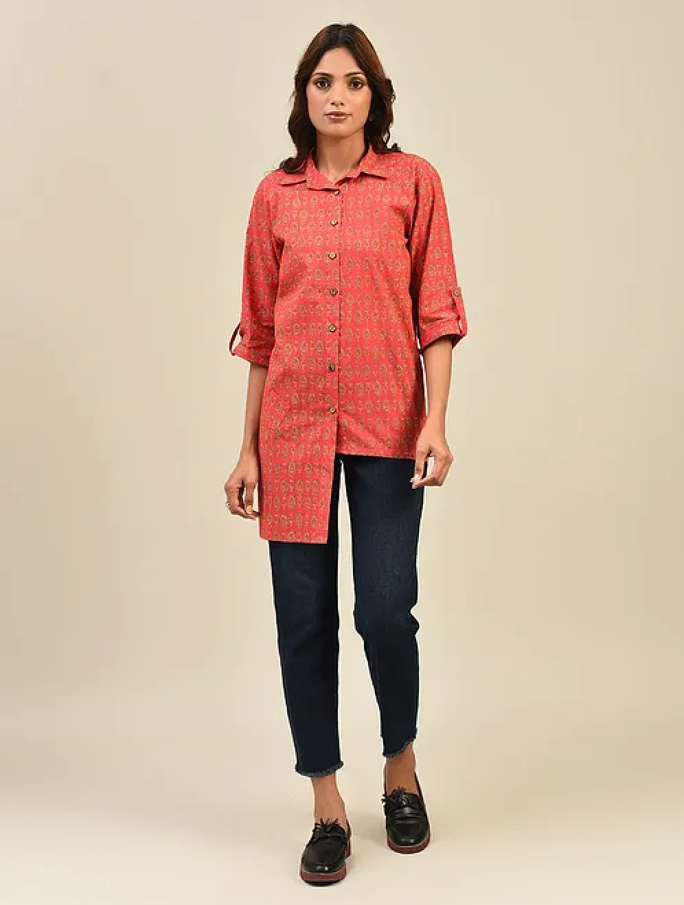 Red Hand block Printed Cotton Shirt