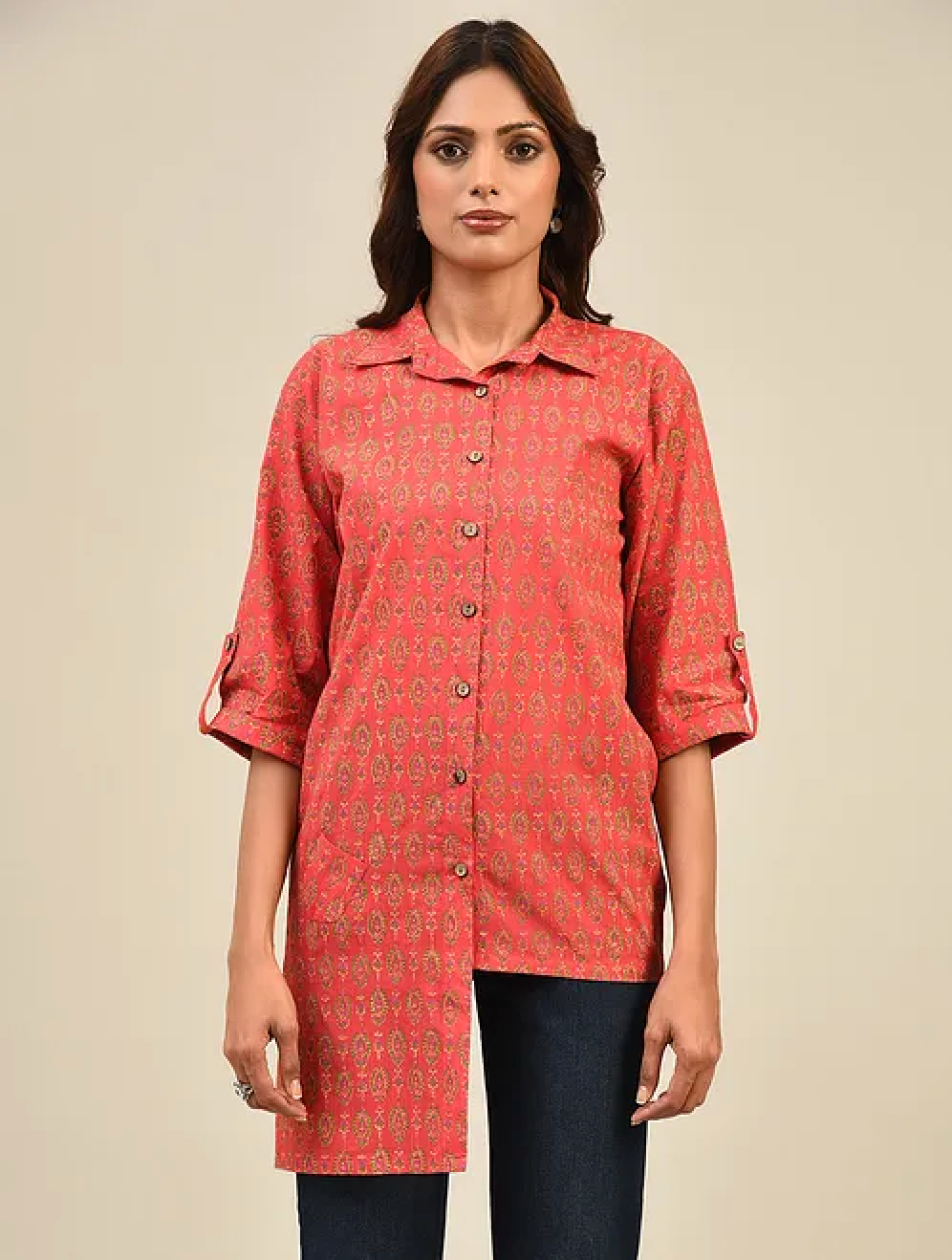 Red Hand block Printed Cotton Shirt