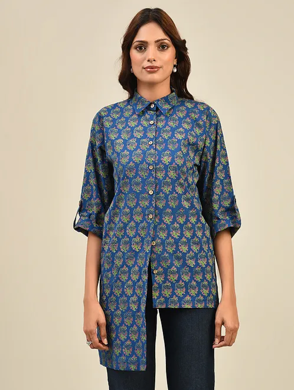 Blue Hand block Printed Cotton Shirt