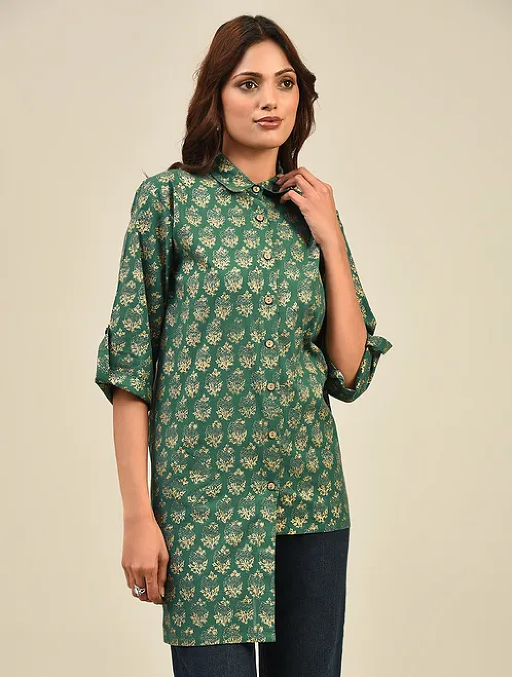 Green Hand block Printed Cotton Shirt