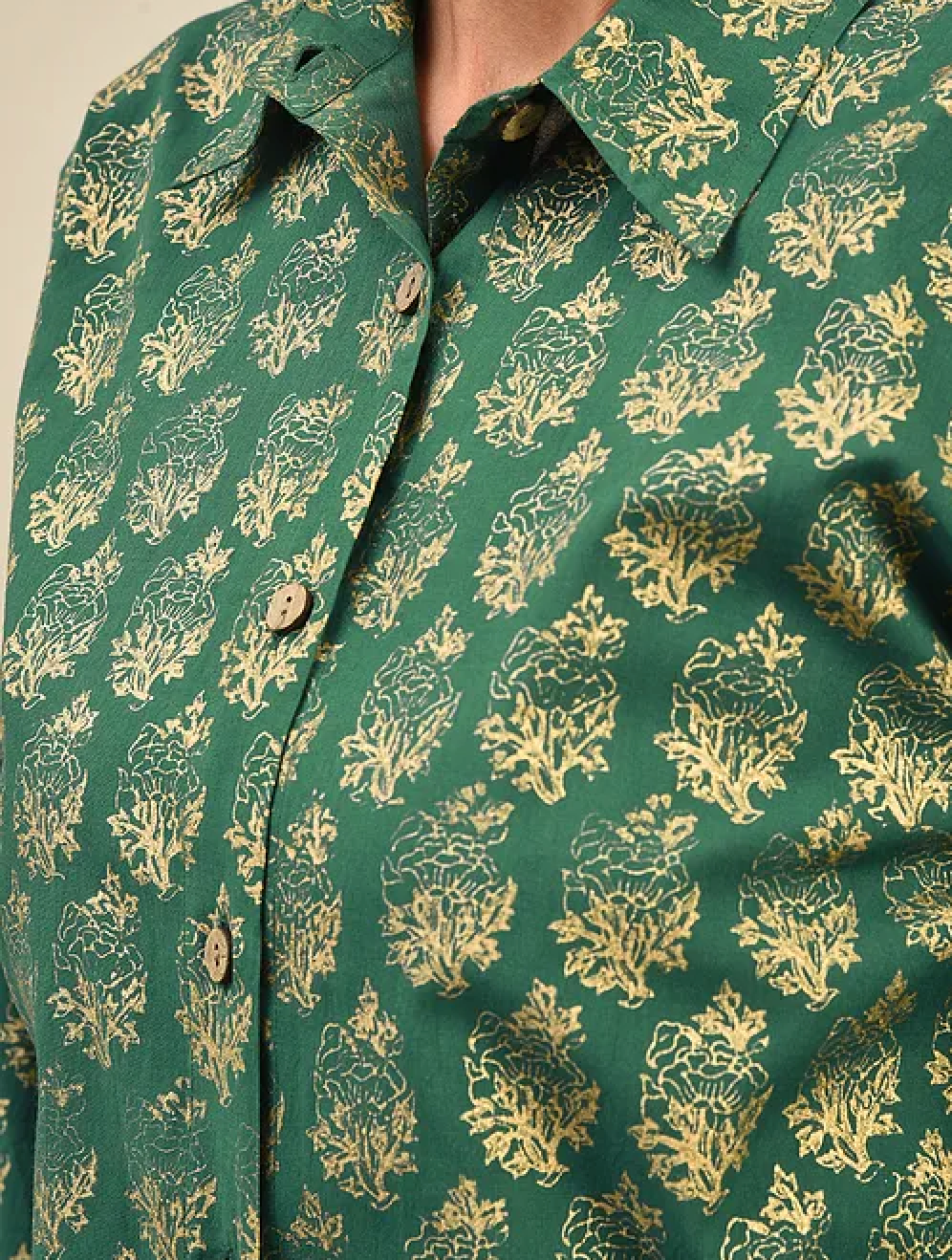 Green Hand block Printed Cotton Shirt