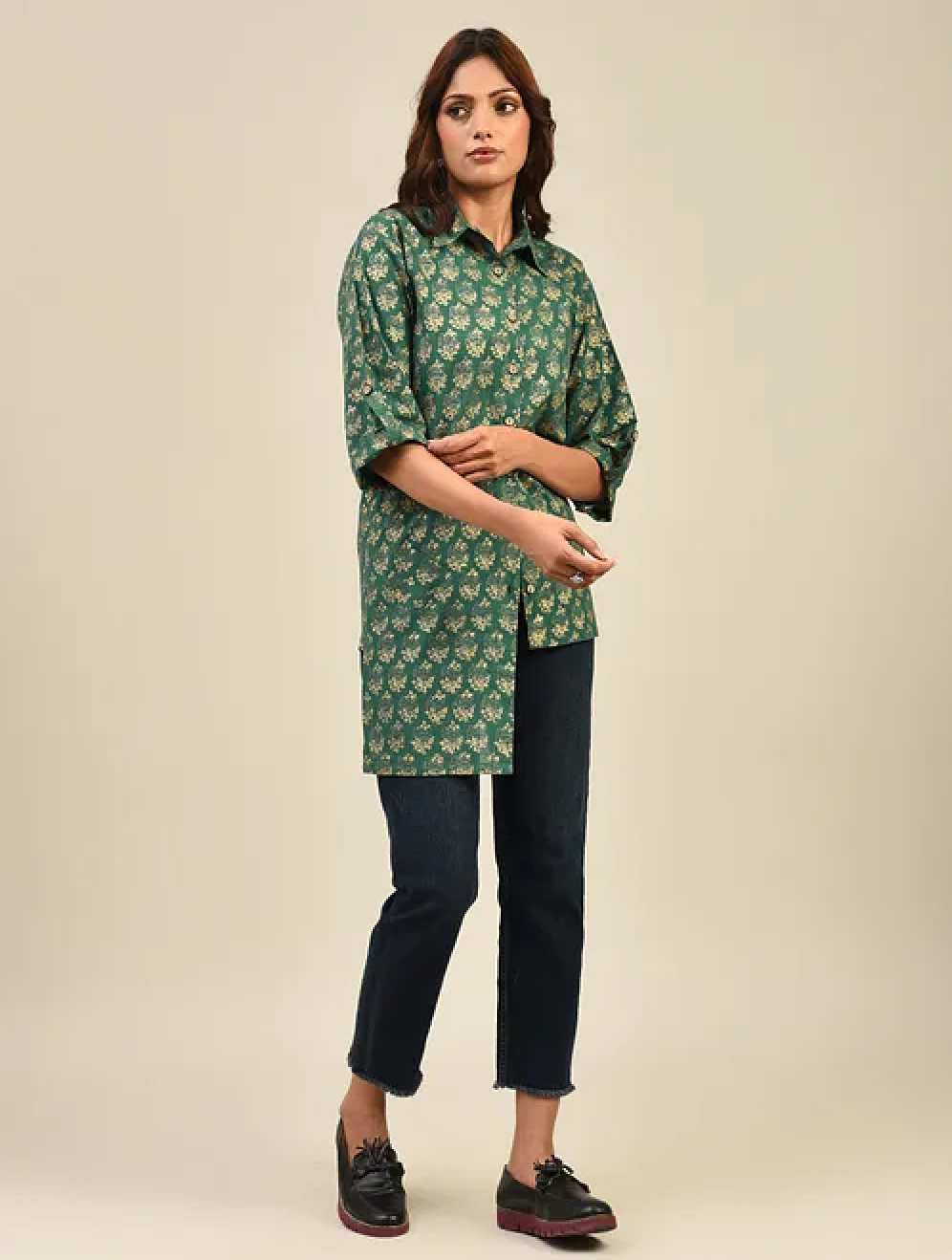 Green Hand block Printed Cotton Shirt