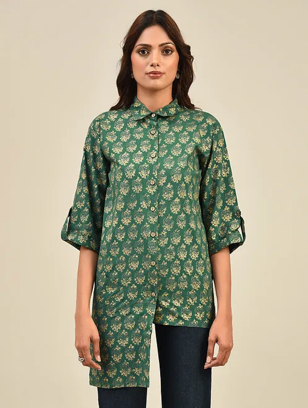Green Hand block Printed Cotton Shirt
