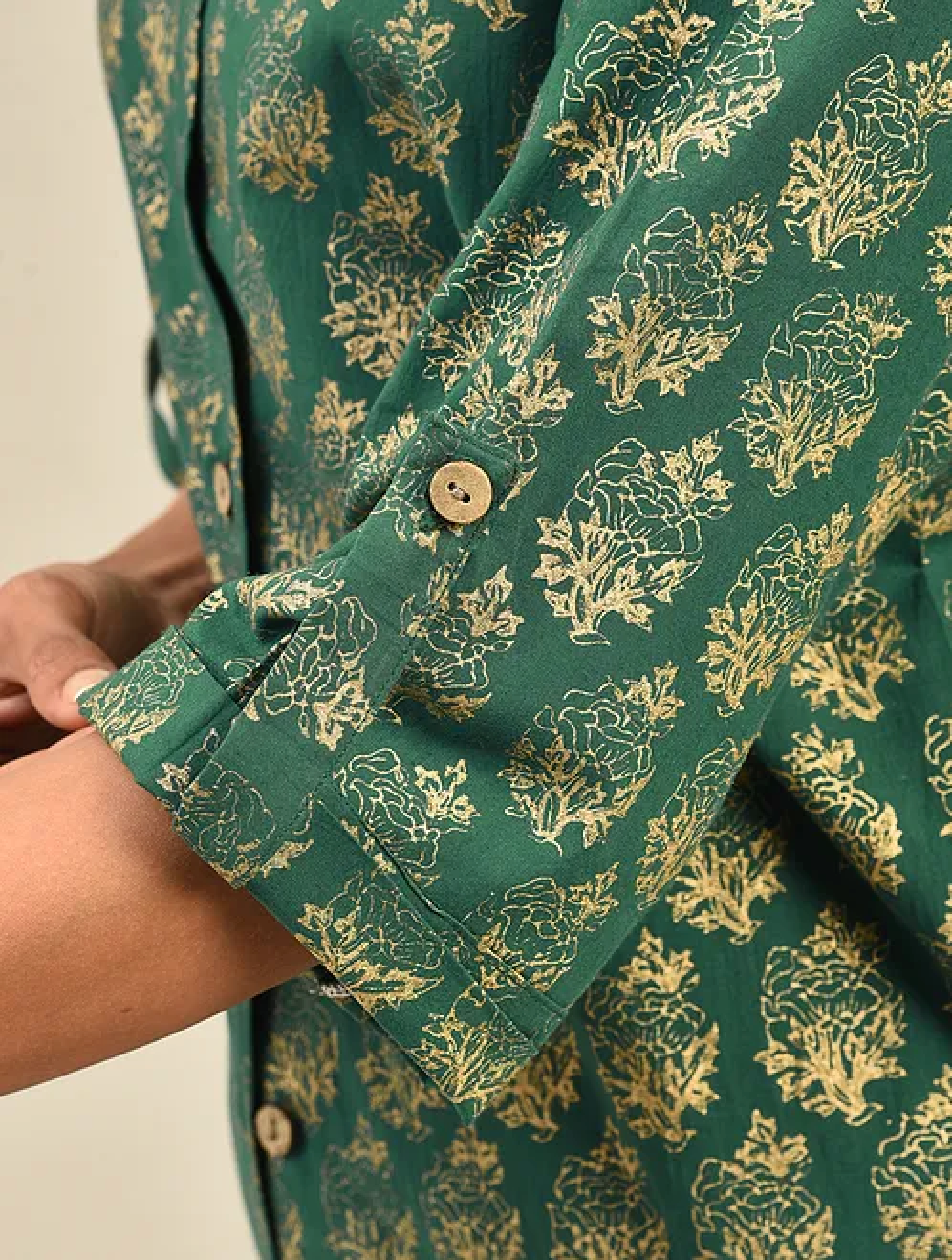 Green Hand block Printed Cotton Shirt