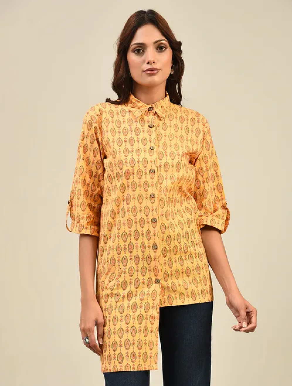 Yellow Hand block Printed Cotton Shirt