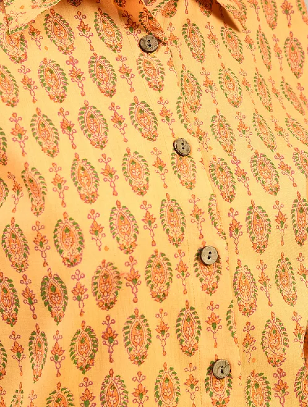 Yellow Hand block Printed Cotton Shirt