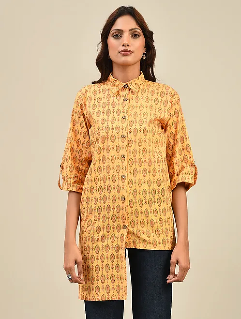 Yellow Hand block Printed Cotton Shirt