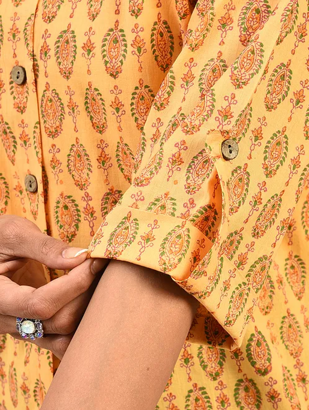 Yellow Hand block Printed Cotton Shirt