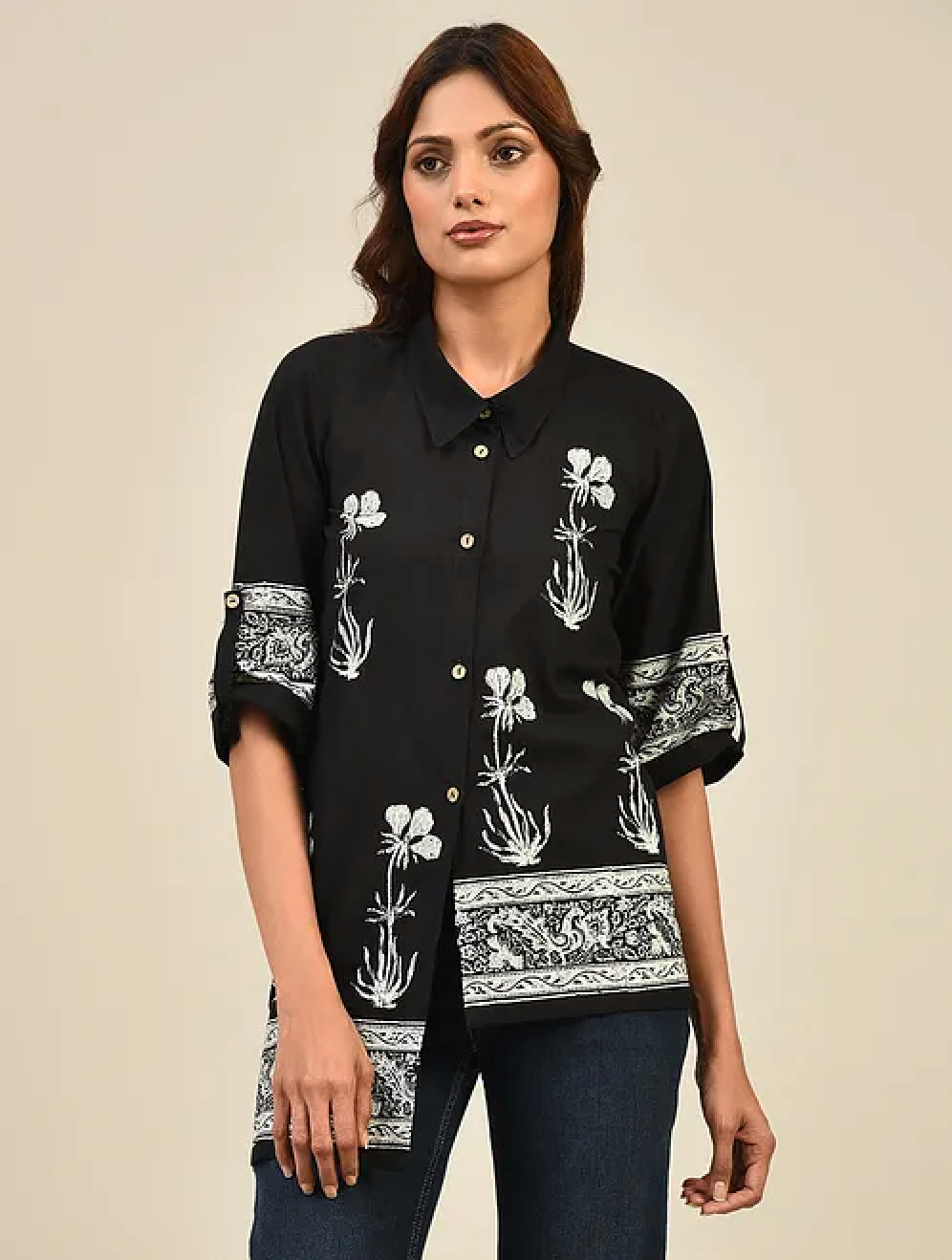 Black Hand block Printed Cotton Shirt