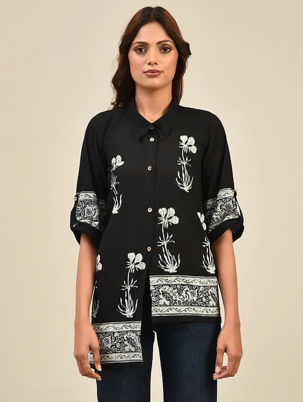 Black Hand block Printed Cotton Shirt
