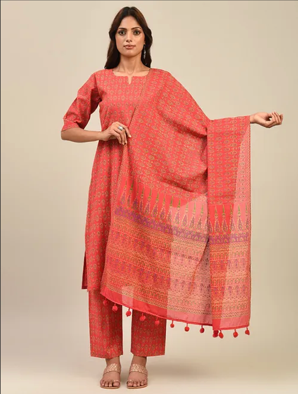 Red Hand-block Printed Cotton Lehenga with Blouse and Dupatta/Cape (set of 3)