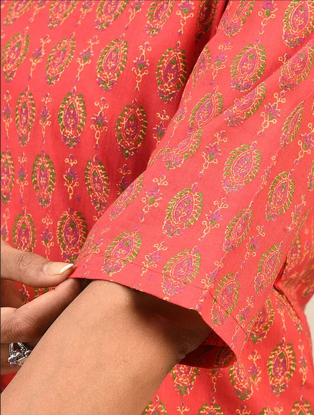 Red Hand Block Printed Cotton Kurta with Pants and Dupatta (Set of 3)