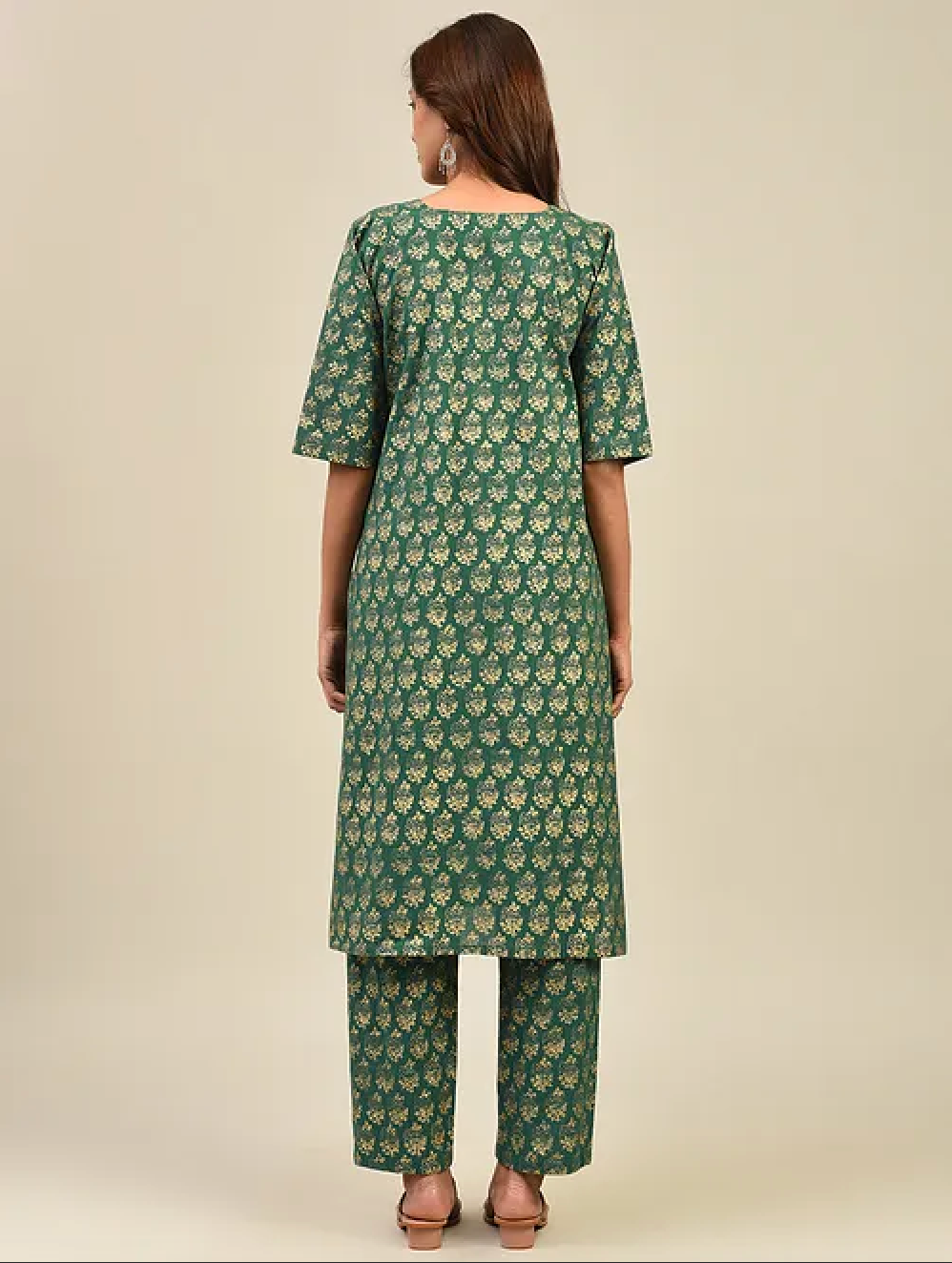 Green Hand Block Printed Cotton Kurta with Pants and Dupatta (Set of 3)
