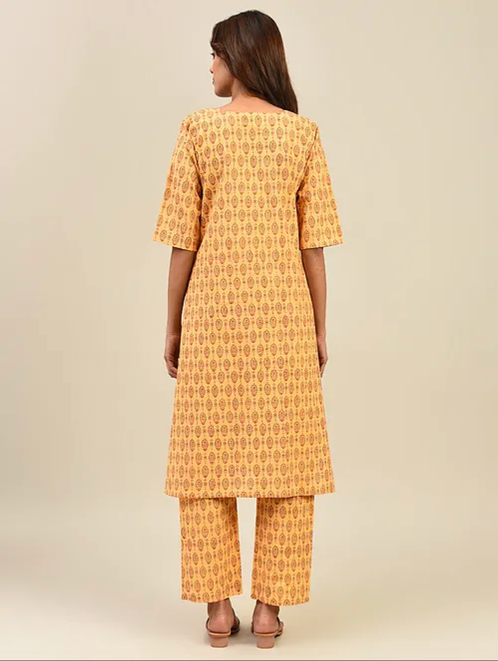 Yellow Hand Block Printed Cotton Kurta with Pants (Set of 2)