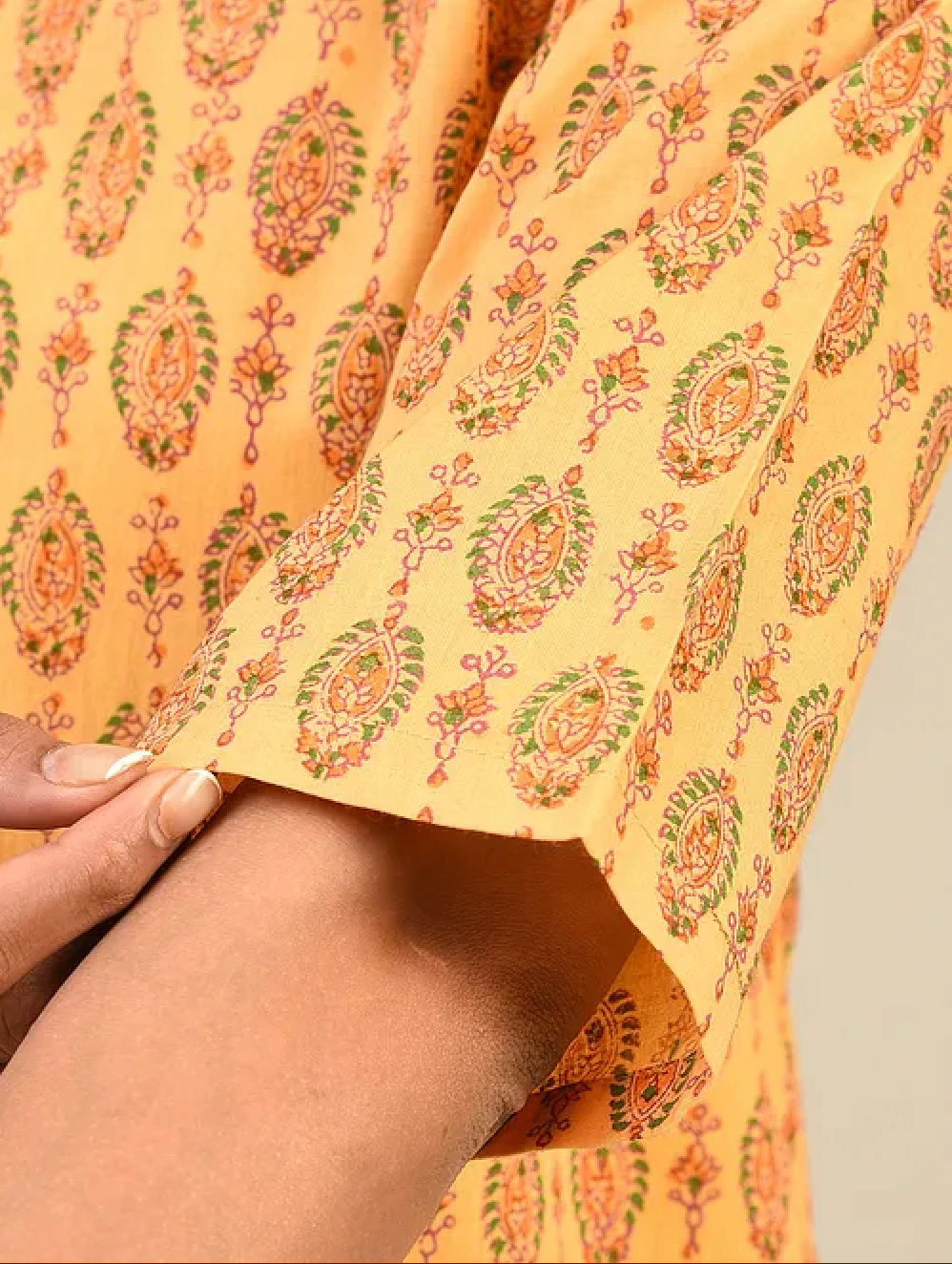 Yellow Hand Block Printed Cotton Kurta with Pants (Set of 2)