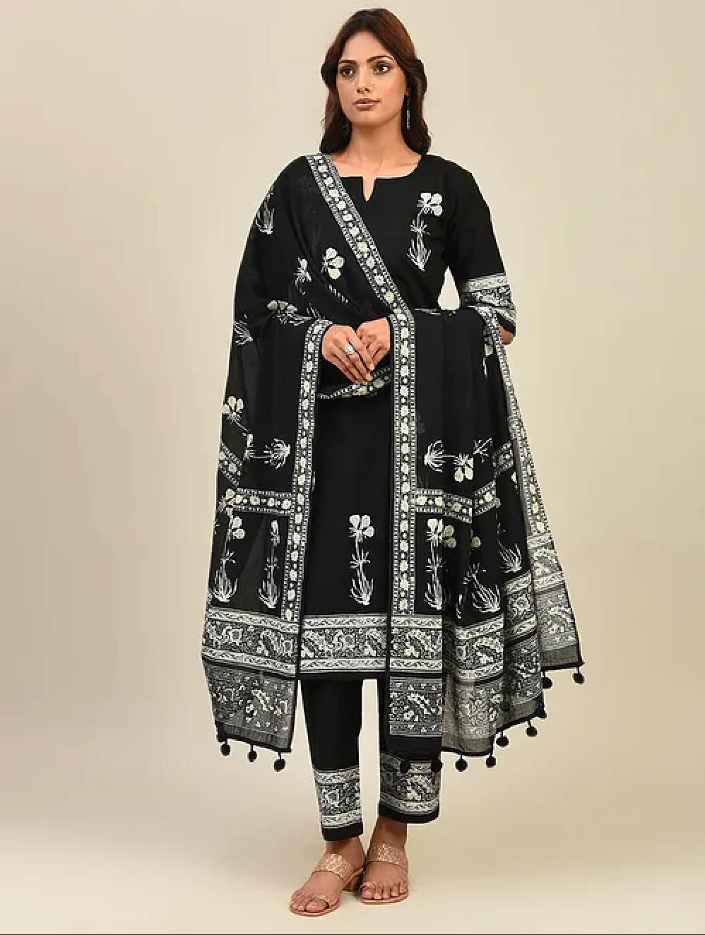 Black Hand Block Printed Cotton Kurta with Pants and Dupatta (Set of 3)